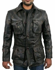 Men's Vintage Distressed Motorcycle Leather Jacket Genuine Leather Button