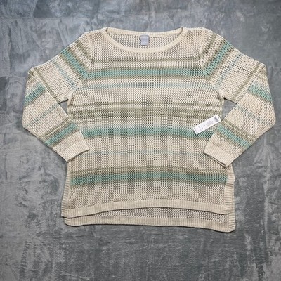 Chico's Women's Sweater Open Knit Frosted Jade Striped Pullover Top Extra Large