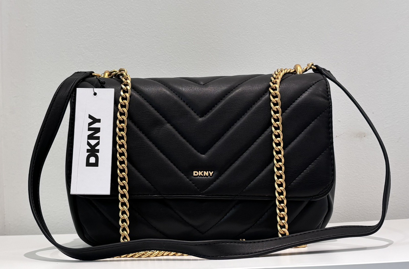 DKNY Quilted Leather Shoulder Bag – Black & Gold – Brand New with Tags RRP£198