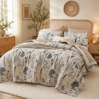 JANZAA Quilt King Size Beige Quilt Bed Spread Boho Quilt with Floral Pattern Mic