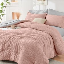 Queen Comforter Set Seersucker 7 Pieces, Queen 88"x 88" Rose Gold/Light Grey