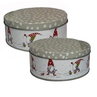 Casajame 2Er Set Metall Keksdose PläTzchendose Rund Weihnachten Wichtel Grau V45