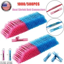 1000/500PCS Waterproof 22-18AWG Heat Shrink Butt Wire Connectors Crimp Terminals