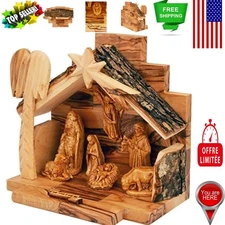 Elegant Hand-Carved Olive Wood Nativity Set with Bark Roof – Christmas Blessing