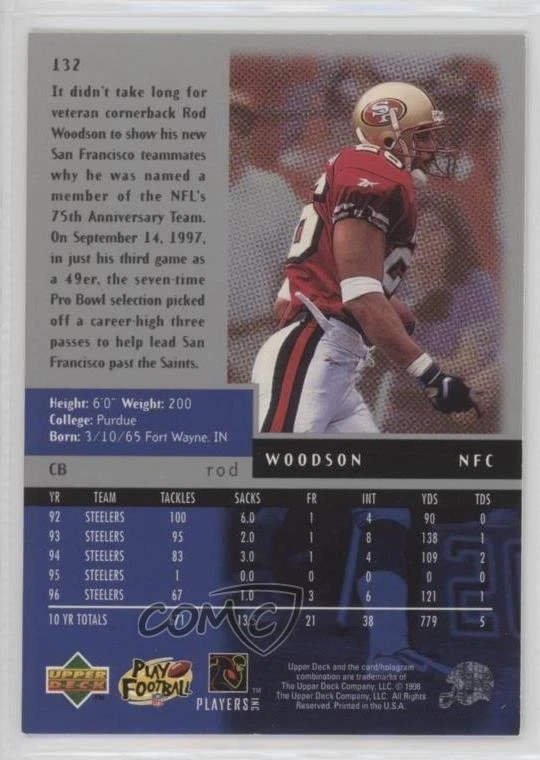 1998 Upper Deck Black Diamond Rod Woodson #132 HOF - Image 2 of 2