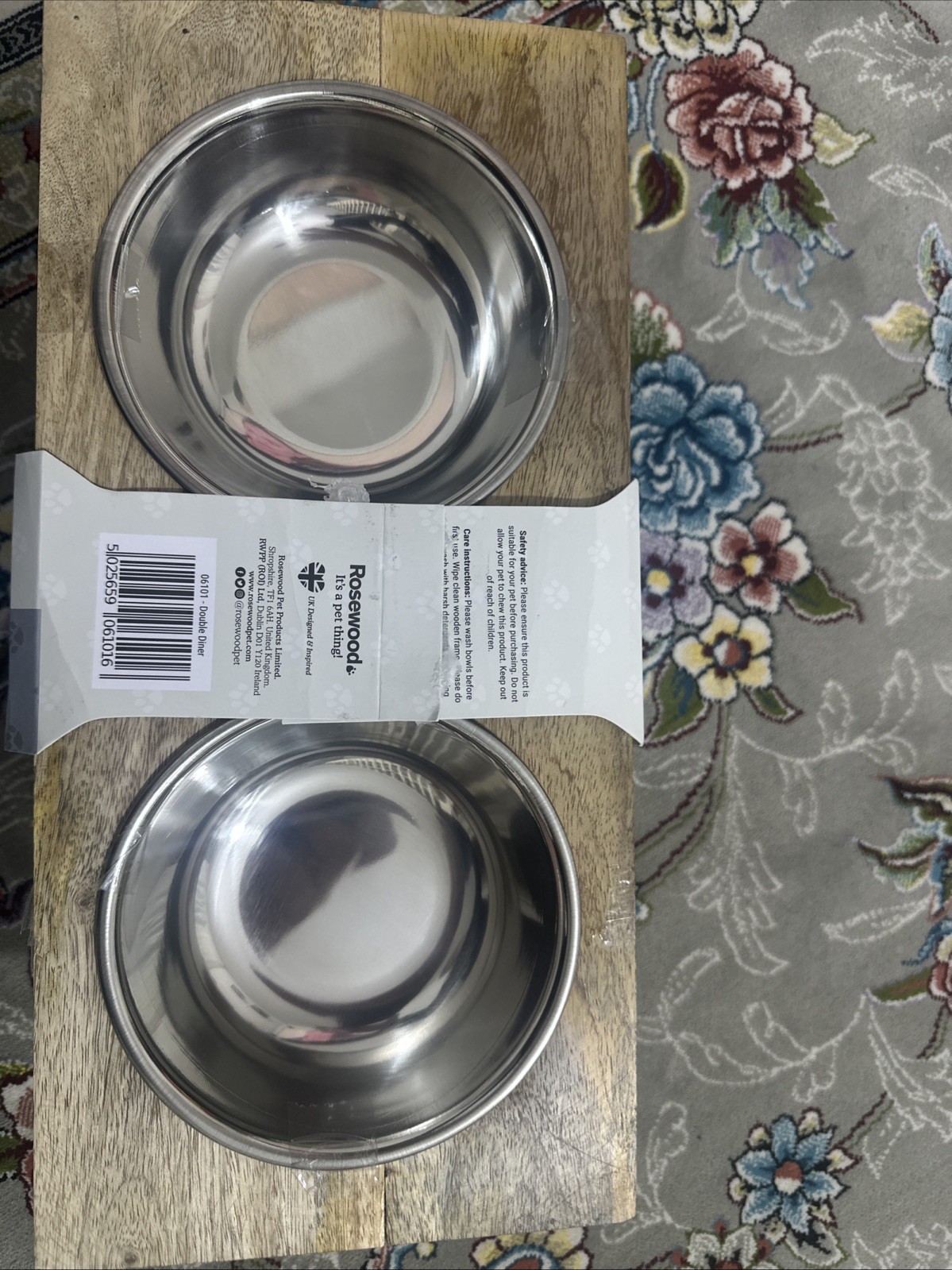 ROSEWOOD WOODEN MEDIUM DOUBLE DINER PET DOG CAT RAISED FOOD WATER BOWLS 2X 300ML