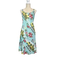 VTG Hilo Hattie Dress Teal Hawaii Sleeveless Strap y2k Aloha Camp AOP Sundress L