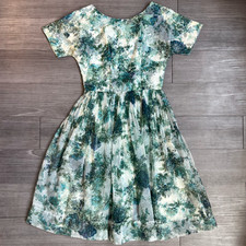 Vintage 50s Floral Chiffon Green & White Cocktail Dress Knee Length Size 8