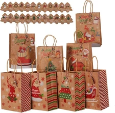 24PCS Christmas Gift Bag with Gift Tags Kraft Paper Reusable 8 Style Paper Bags