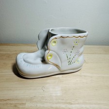 Vintage White Ceramic Baby Shoe Bootie Vase Planter Pink Trim Dot Flowers