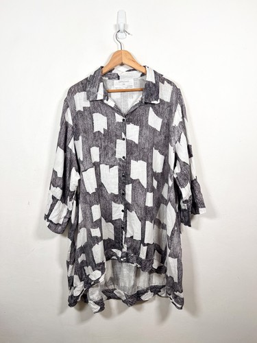 Grizas Tunika Shirt Gr. 2XL grau weiß Lagenlook gewaschen Leinen Relaxed Bluse XXL