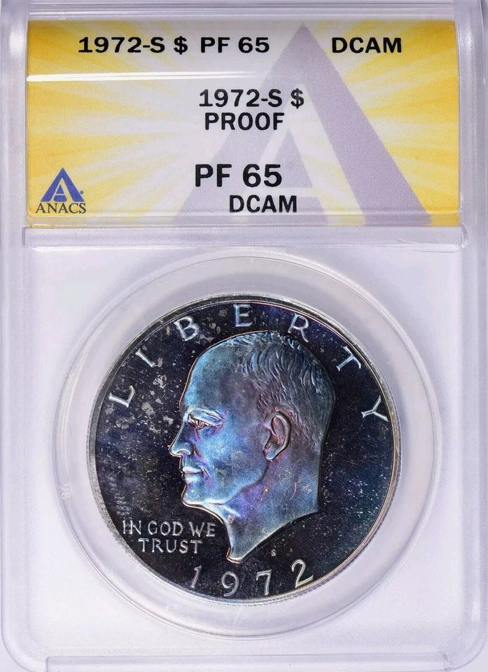 1972 S $1 Eisenhower Ike Dollar ANACS PR65DCAM Monster Toned Neon Blueberry - Image 2 of 4