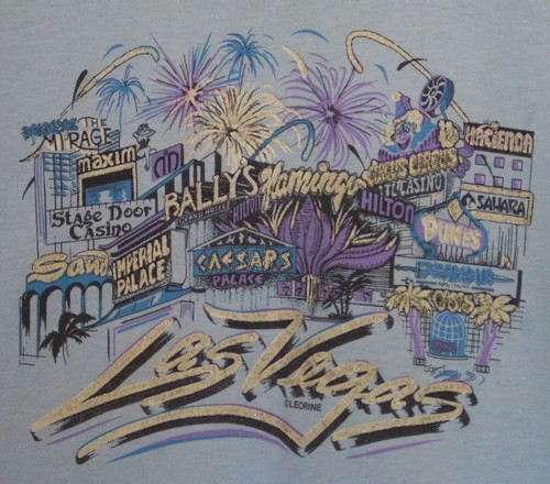 Blusa Top Las Vegas Vintage Brillo Grande Azul Casinos Hecha en EE. UU. Manga Corta - Imagen 3 de 5