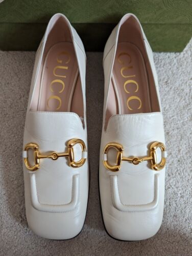 Gucci Square Toe Baby Horsebit White Loafers Moccasins UK 6 EU 39 US 9 - Picture 1 of 18