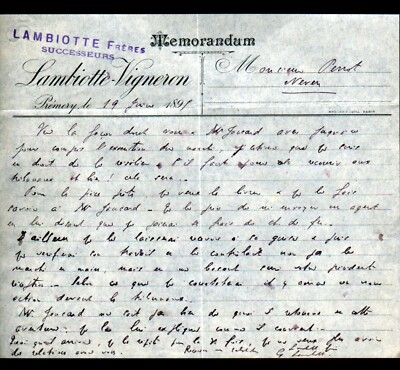 PREMERY (58) SÄGEWERK / HOLZ ''LAMBIOTTE-VIGNERON'' Brief 1895