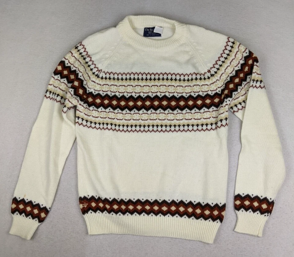 Suéter Para Hombre The Broadway Vintage Años 70 Fair Isle Marfil Marrón Talla Mediana Foto 2 de 4