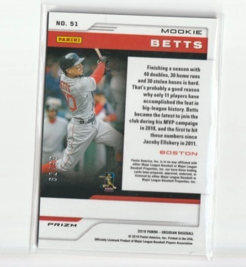 2019 Panini Chronicles Obsidian Purple #/99 Mookie Betts #51 Boston Red Sox Card - Image 2 of 2