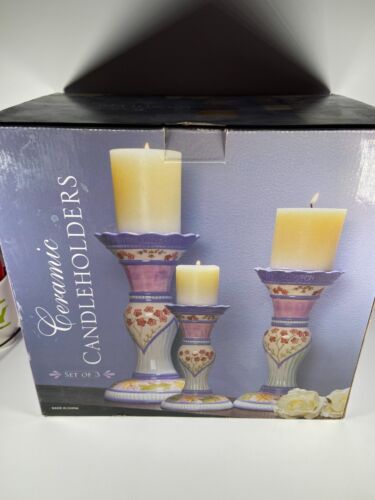 Candle Holders Ceramic Set of 3 Holds 3x3 inch Pillar Candles Bright Accents - Picture 1 of 4