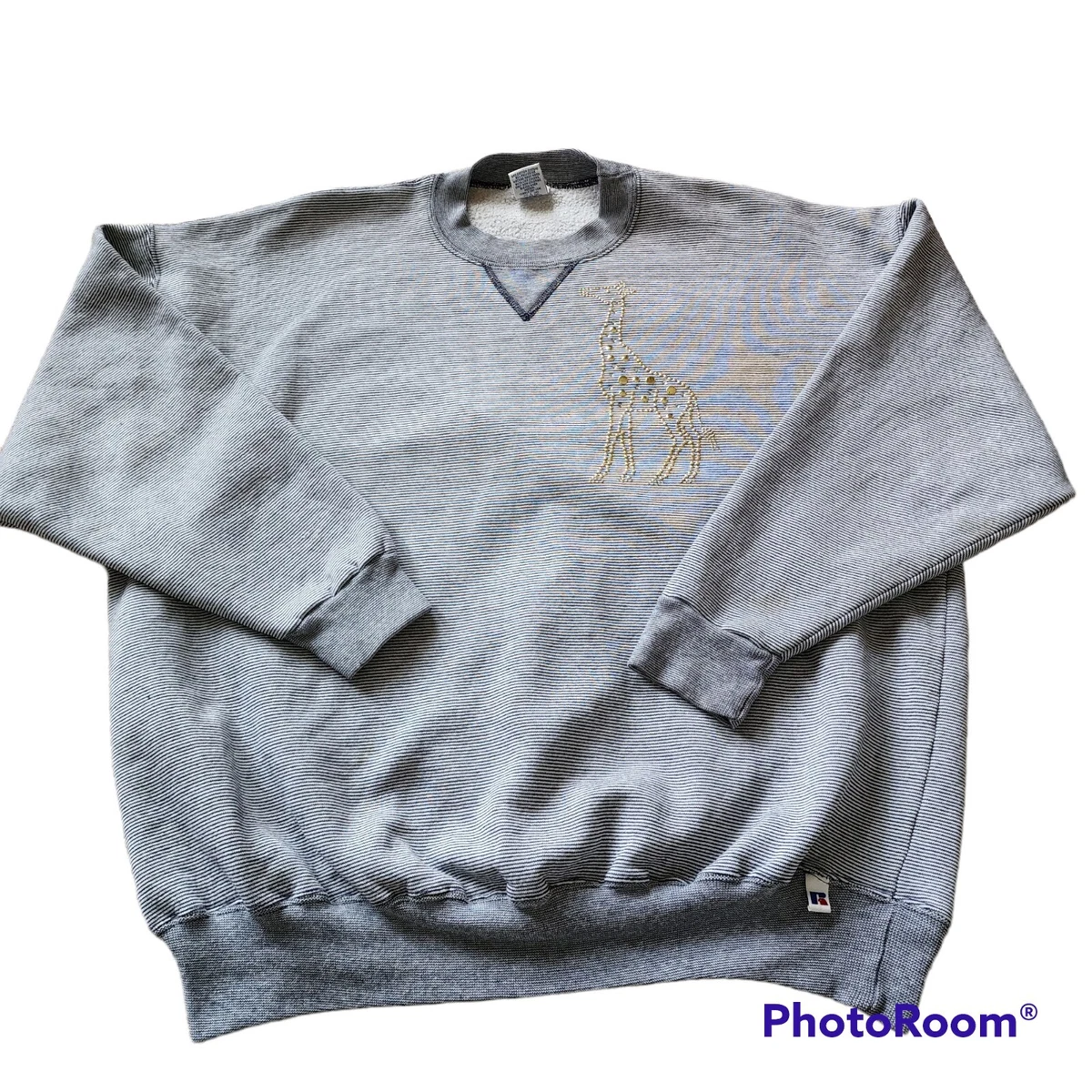 Vintage Russell Athletic Giraffe Sweatshirt Womens XL Striped Gray