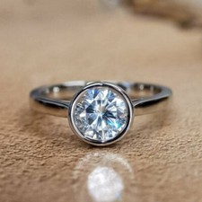 1.8CTW Round Cut VVS1 Moissanite Bezel Set Engagement Ring 14K White Gold Plated