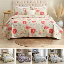 Floral Print Quilt Set Lightweight Bedspread Coverlet & 2 Shams Queen King size