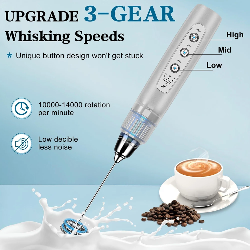 Milk Frother Handheld with Stand, Electric Whisk 3 Speed Adjustable, Drink Mi...