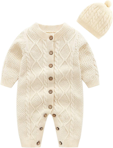Baby Newborn Cotton Knitted Sweater Romper Longsleeve Outfit with Warm Hat Set - Picture 10 of 12