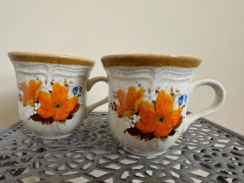 Mikasa Garden Club Flowerfest Mug Cup Set Of 2 Tan With Orange Flowers Japan