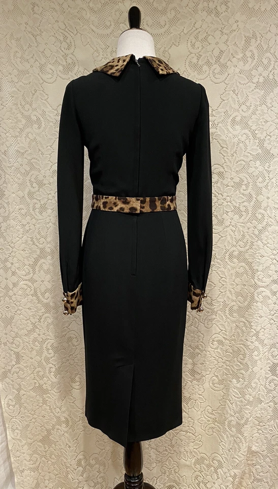 Vestido G2U Dolce Gabbana Manga Larga Negro con Borde de Leopardo Cady Talla 42 EE. UU. 46 Foto 3 de 4