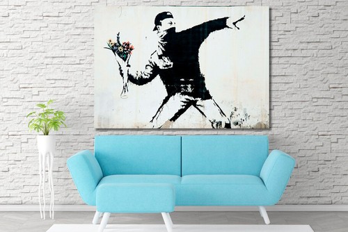 BANKSY FRAMED CANVAS STREET GRAFFITI URBAN ART PRINT FLOWER THROW PAINTING - Picture 6 of 6