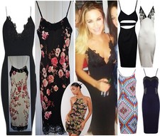 WOMENS Ladies summer Floral Lace Trim Cami Strap Bodycon Midi Party Dress 8-14
