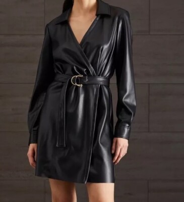 leather belted shirt dress Black PU PVC Faux Leather Utility Shirt Dress – www.lexifashion.co.uk main image 1