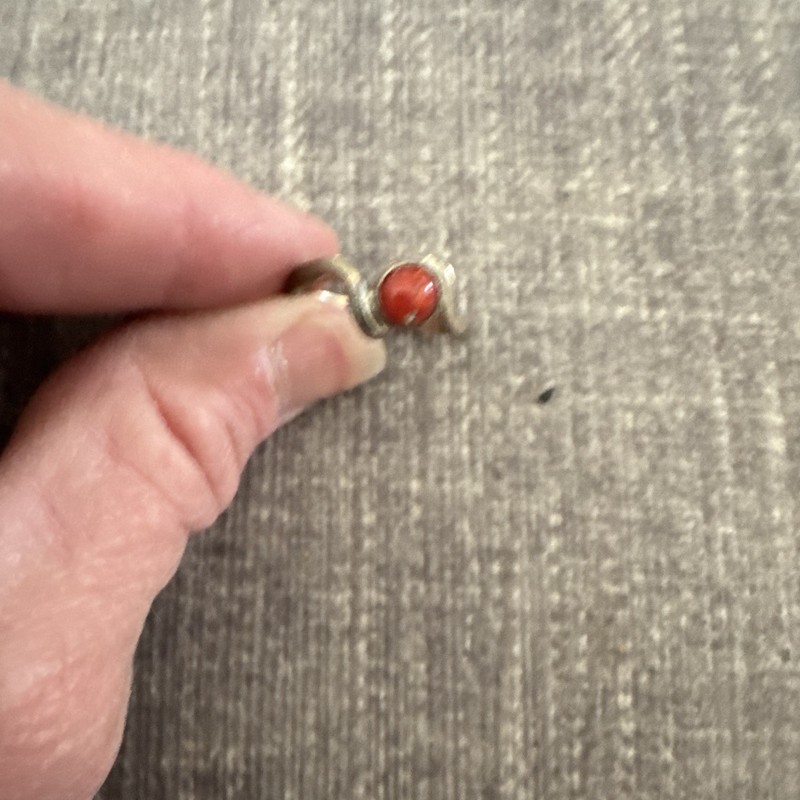 Silver Tone Band Ring Size 7 with Red Coral Stone Bezel Setting