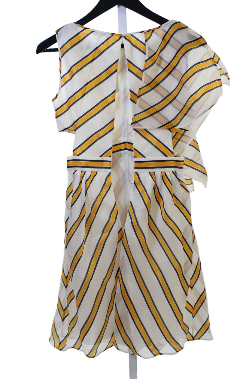 Fendi Women White Striped Fit & Flare Dress Crew Neck Zip Silk Blend Size S thumbnail 8