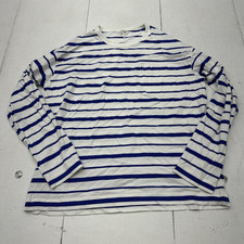 Blue White Striped Long Sleeve Crew Neck Casual Cotton Shirt Women's Size XS NEW