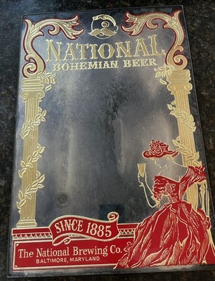 VTG National Bohemian Mr. Boh Bar Mirror 18'' X 12'' Gold leaf Psmoked glass 1973