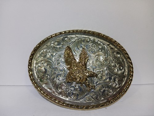 Fibbia per cintura stile western placcata argento aquila bronzo dorato - Made in USA - Foto 4 di 11