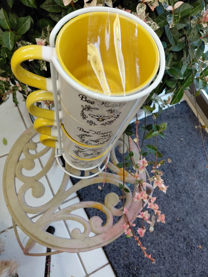 4 canecas Bee Happy em caddy de metal branco por marca Signature - Imagem 2 de 4