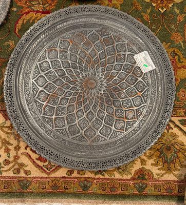 Large 34in Middle Easter Tinned Copper Charger Radial Lattice Mandala Pierced Rm