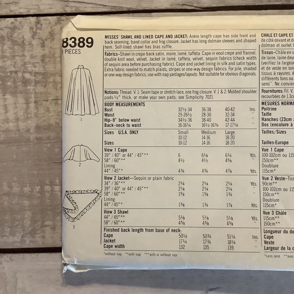 Simplicity 8389 Sewing Pattern Cape Shawl Jacket Misses Size S-M-L UNCUT - Image 3 of 4