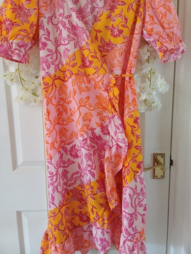 Pretty Colorful Floral Midi Ruffle Waterfall Wrap Summer Dress 👗 14 16 - Picture 8 of 9