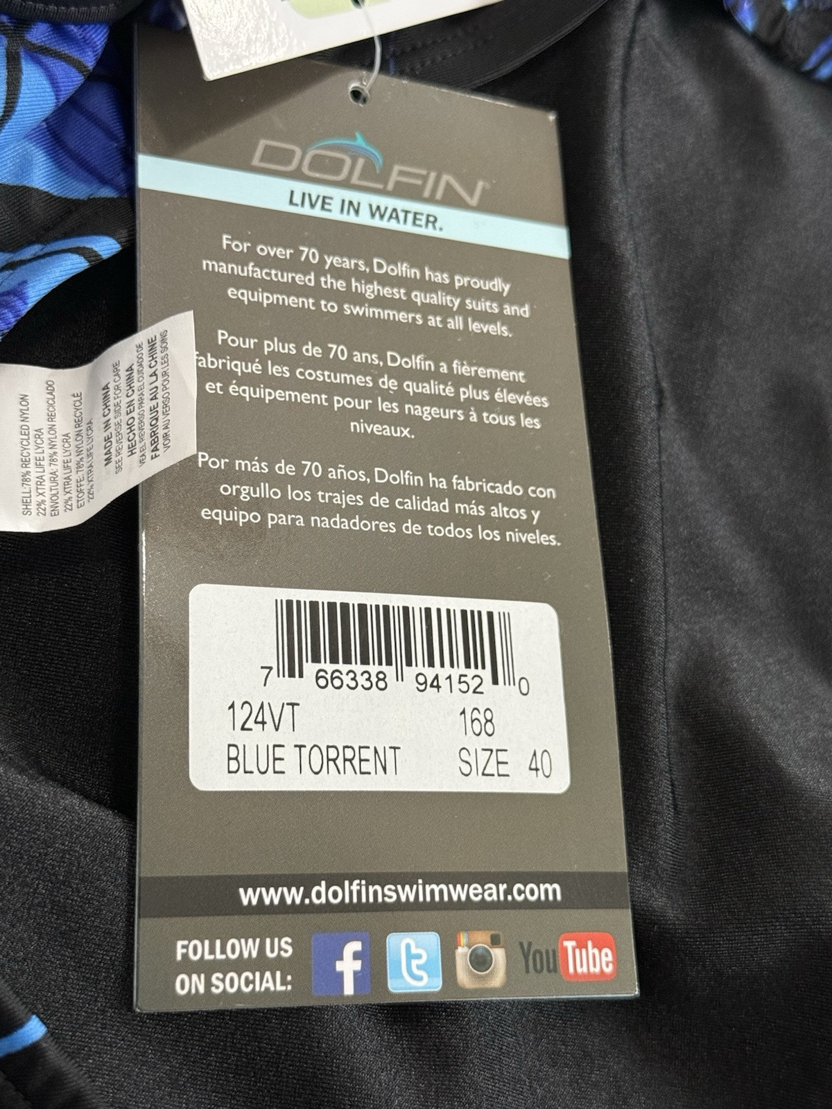 Dolfin Women’s Swimsuit Blue TORRENT Size 40( Actual Size (X-XL)