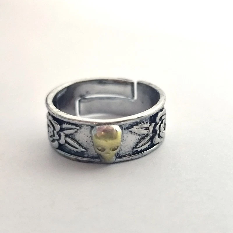 Retro Herren Ring Blumen Schädel Silber plattiert verstellbar 3D Ring - Bild 4 von 4