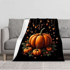 Durable Soft  Warm Flannel Blanket - Cozy Pumpkin  Autumn Leaves Design