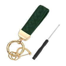 Leather Car Keychain, 5" Key Chain with D Ring and Gold Key Ring, Green