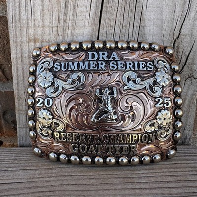Cowboy Trophy Rodeo Style Belt Buckle with reserve champion goat tyer