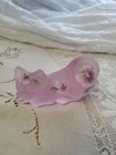 Fenton Pink Satin Glass Cat Figurine Hand Painted Flowers Signed Lynn Fenton