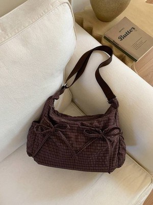 Plaid Bow Drawstring Cloud Bag Nylon Ruched Crossbody Shoulder Tote Purse