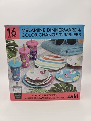 ZAK! 16pc Pink Flamingo Summer Melamine Color Change Tumblers Dinner Set