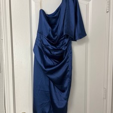 DO+BE Navy Blue Satin Ruched One-Shoulder Asymmetrical Midi Dress